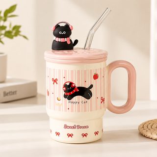 뚜껑이 달린 도자기 빨대컵 머그컵 높은 용모치 가정용 사무실 물 커피 컵