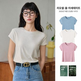 9962 라이셀 라운드 반팔 티셔츠 여성 여름 얇은 정견 슬림핏 날씬해 보이는