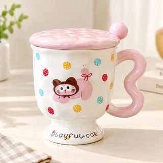 카툰 캐릭터 도자기 머그컵 400ml 뚜껑 스푼 세트 선택