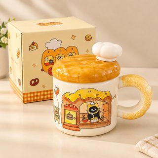 귀여운 빵 고양이 도자기 머그컵 뚜껑 숟가락 높은 용모치 물컵 가정용 아