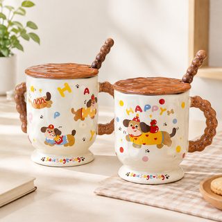소시지 도자기 머그컵 뚜껑 숟가락 높은 용모치 사무실 가정용 물 마시는