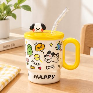 캐릭터 도자기 빨대 머그컵 뚜껑 손잡이 400ml