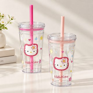투명 플라스틱 빨대컵 450ml 뚜껑 있는 데일리 음료컵