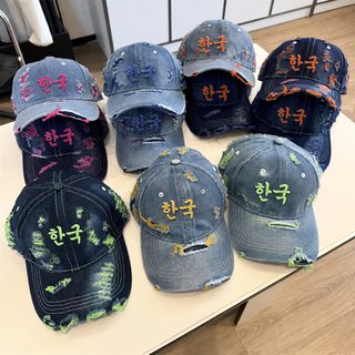 빈티지 단색 데님 야구모자 개성 패션 구멍 뚫린 낡은 오리털모자 붐 남녀