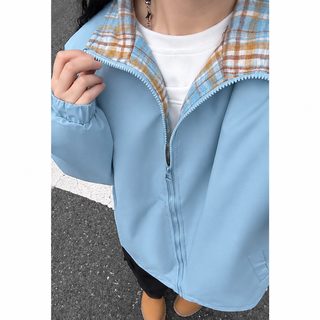 남녀공용 체크 배색 집업 재킷 루즈핏 카라 봄가을 캐주얼 커플 아우터