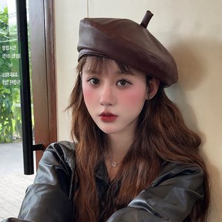 한국판 pu 가죽 베레모 자녀 한국판 빈티지 영륜 역착용 전진모 가을겨울 호