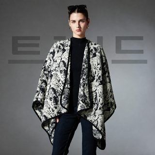 亚马逊秋冬季水貂高级感女士中长款披肩外贸欧美水墨画披肩外套