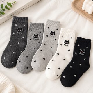 흰색 여중통 면양말 여자 만화 고양이 양말 정소면 땀 흡수 통기 파점 회색
