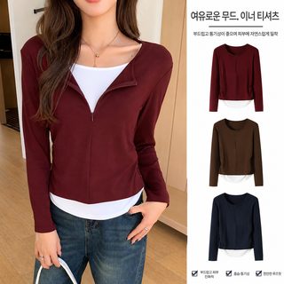 H401 현물 가을 신상 스텔스 지퍼 가짜 두 벌 긴팔 티셔츠 여성복 캐주얼 주