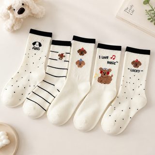 여성 가을 겨울 중목 양말 스트라이프 도트 강아지 캐릭터 코튼 양말 프리