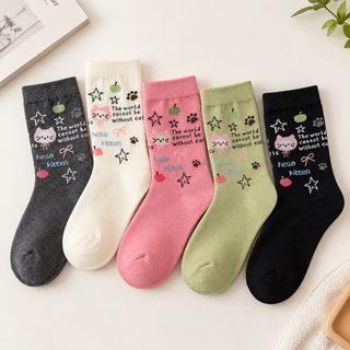 가을과 겨울 신상 중통 양말 만화 고양이 창의 양말 여자 귀엽다 한국계 캐주얼 무골 개성 유행 양말 낙서