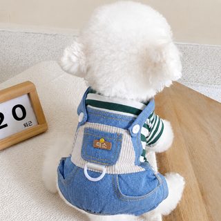 반려견 강아지 데님 멜빵바지 클래식 스트라이프 가을 겨울 애견 의류