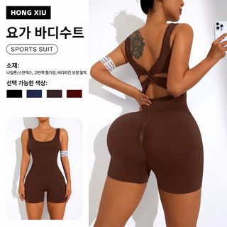 여성 일체형 요가복 크로스백 피치힙 민소매 쇼츠 슬림핏 운동복