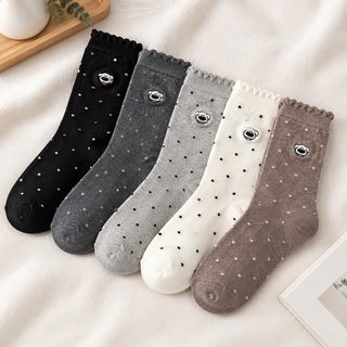 여성 중목 양말 사계절 땀흡수 도트 자수 캐릭터 면양말 루즈삭스