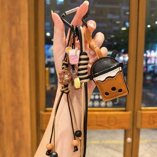 miu 스타일 도넛 버블티 컵 가방 참 PU 가죽 키링 귀여운 밀크티 매듭끈 장식