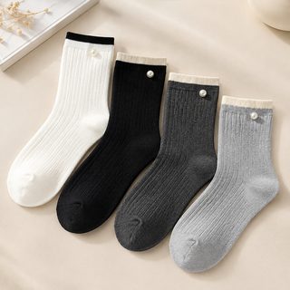 양말 여자 진주 장식 중통 양말 여자 가을 겨울 신상 일계 더미 양말 캐주얼