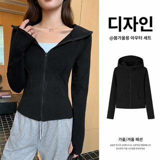 H540 후드 후드 코트 여자 봄 가을 신상 슬림 허리 요가 운동 짧은 상의 지퍼