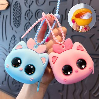 창의력 큰 눈 고양이 실리콘 제로 지갑 열쇠고리 걸이 귀여운 어린이 책가방 열쇠고리 걸이 작은 선물