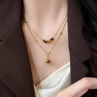 여성 골드 해바라기 호안석 목걸이 더블 레이어 빈티지 펜던트 가을 겨울