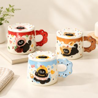 뚜껑이 달린 귀여운 마크 컵 작은 검은 고양이 세트 캐릭터 높은 용모치 물