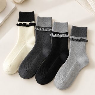 여성 무봉제 면 중목양말 배색 프릴 골지 사계절 데일리 양말