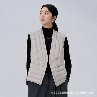 크로스보더 신상 칼라 없는 내담 여성 조끼 V넥 얇은 패딩 큰 사이즈 조끼