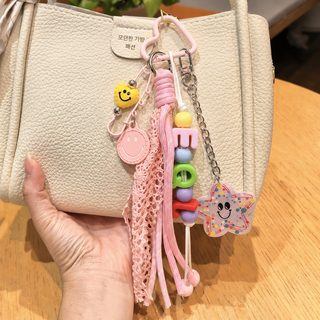 귀여운 별 웃는 얼굴 열쇠고리 컬러 알파벳 태슬 걸이 레이스 체크 창의 가방 걸이녀