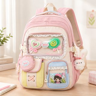 레이스 배색 투명 포켓 이타백 대용량 학생 책가방 백팩