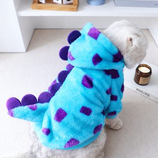 厂家批发猫咪可牵引衣服冬天保暖连帽毛绒外套恐龙尾巴可爱厚绒衣