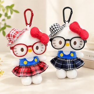 체크 치마 고양이 봉제인형 키링 가방 장식