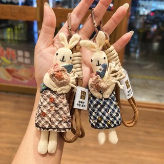 핸드메이드 패브릭 토끼 인형 키링 가방 장식 DIY 브로치 부자재 체크 원피