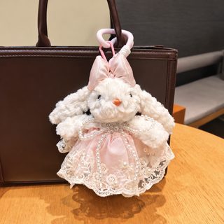 핑크 레이스 드레스 진주 리본 처진 귀 토끼 봉제인형 가방 장식 키링