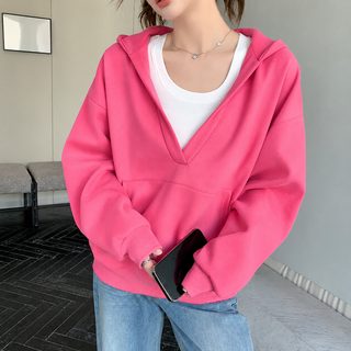 K1206V 넥 후드 후드 코트 여자 봄 가을 겨울 백합 헐렁헐렁 날씬해 보이다 주머니 캐주얼 나른한 바람 상의