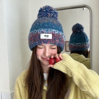 한국계 러블리 패치 혼방 털실 모자 여자 가을 겨울 백합 얼굴 작고 보온 귀 두꺼운 비니 붐