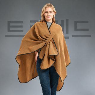캐시미어풍 가죽 테두리 버클 교차 겨울 망토 판초 카멜 150×130cm