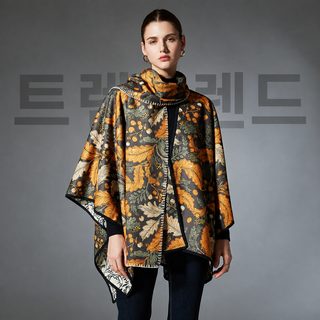 外贸欧美春秋冬季新款高级感花蕊树叶双面两用披肩围巾套装批发