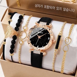 여성용 다이아몬드 다이얼 석영 손목시계 PU 가죽 스트랩 캐주얼 시계 세트