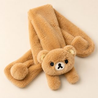 여성 겨울 곰돌이 봉제 목도리 보온 퍼 머플러 브라운