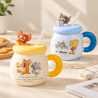 캐릭터 도자기 머그컵 뚜껑 빨대 세트 500ml