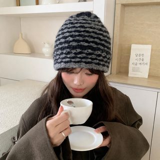 가을 겨울 신상 콜라주 스트라이프 플랩 비니 귀엽다 패션 포두모 여자 보온 감미로운 털모자
