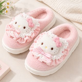 겨울 리본 고양이 털 슬리퍼 두꺼운 밑창 미끄럼방지 방한 실내화