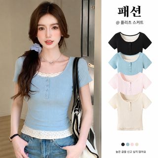 820 레이스 레이스 접합 가짜 반팔 티셔츠 여성 이너웨어 슬림핏 날씬해 보
