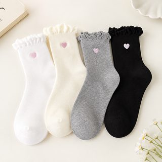 여성 여름 얇은 중목 양말 무봉제 프릴 입구 하트 자수 코튼 데일리 양말