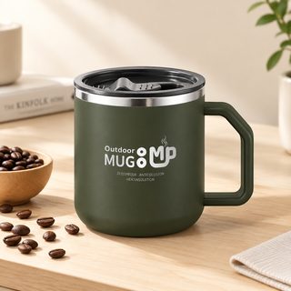 304 스테인리스 이중 머그컵 400ml 뚜껑 손잡이 사무실 커피잔