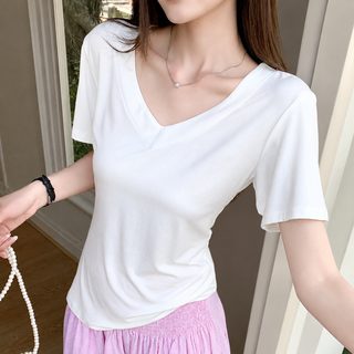H167 무데일 V넥 반팔 여성 여름 나른하고 헐렁한 티셔츠 어깨 패션 백합 반팔 상의 레깅스 셔츠