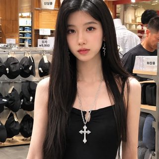 한국 소수 디자인 같은 은색 십자가 여자 긴 조각 꽃 펑크 빈티지 목걸이 목