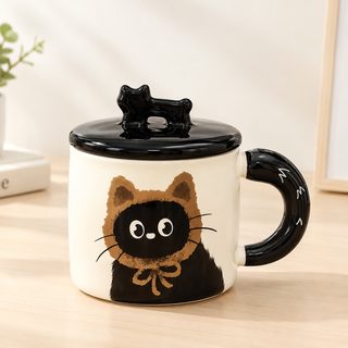 고양이 캐릭터 뚜껑 손잡이 도자기 머그컵 360ml
