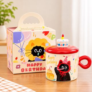 고양이 생일 케이크 뚜껑 세라믹 머그컵 380ml 선물용