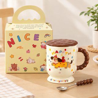 닥스훈트 캐릭터 도자기 머그컵 400ml 뚜껑 스푼 세트
