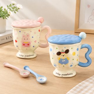 카툰 토끼 강아지 도자기 머그컵 400ml 뚜껑 숟가락 옵션